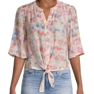 Nanette Lepore Watercolor Sand Print Tie Front Blouse